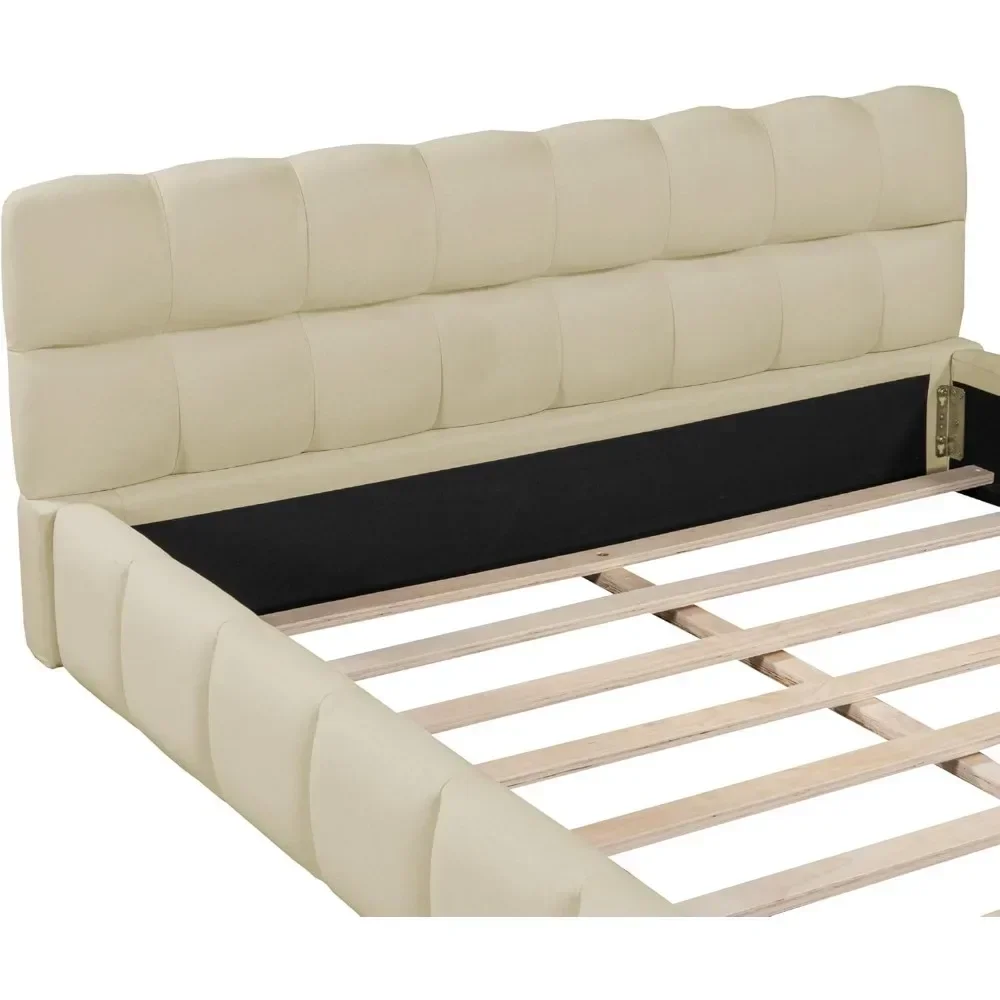 Bed Frame,with Modern Queen Upholstered  Wingback, Linen Low Plattform Bed, No Box Spring Needed Beige, Bed Frame