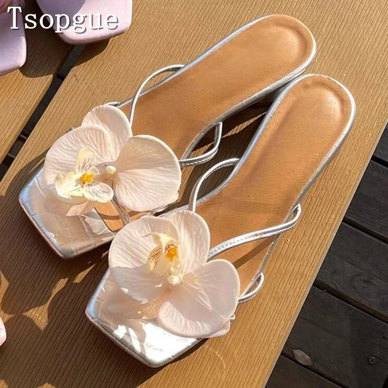 

Summer New Butterfly Orchid Floral Slippers for Women Brand Design New Square Open Toe Floral Beach Sandals Girls Fairy Shoes