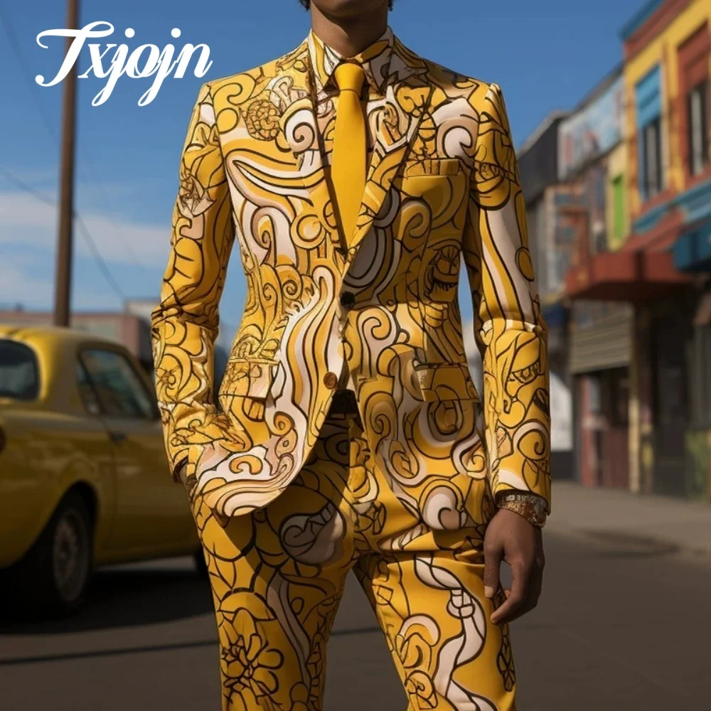 Stylish 3D Printed Men Suit Set 2PCS Classic Notched Lapel Suit Wear Casual single-breasted Performance Suit blazer masculino