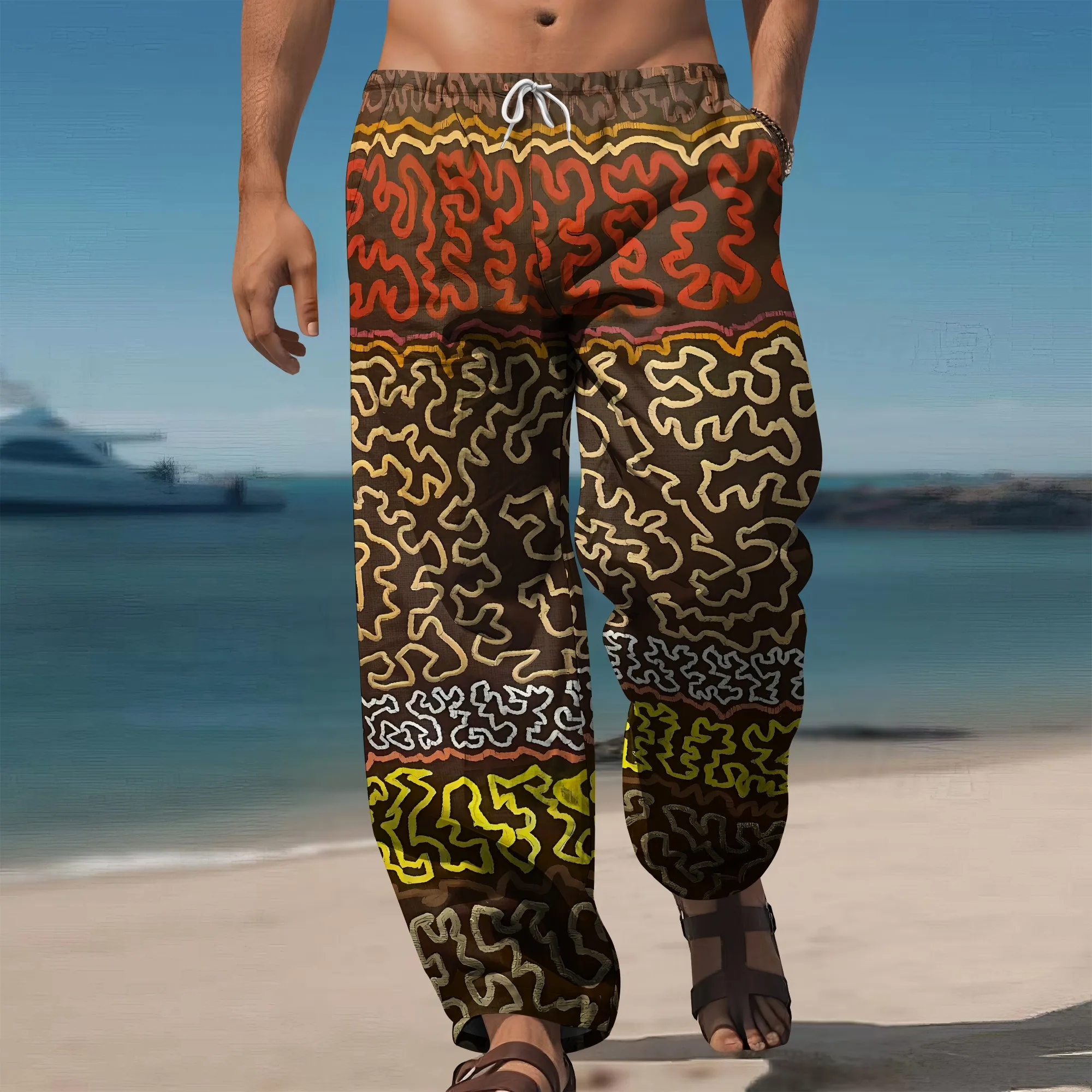 

YEAE Ethnic Wave Stripe Print Pants for Men Summer Casual Loose Drawstring Trousers