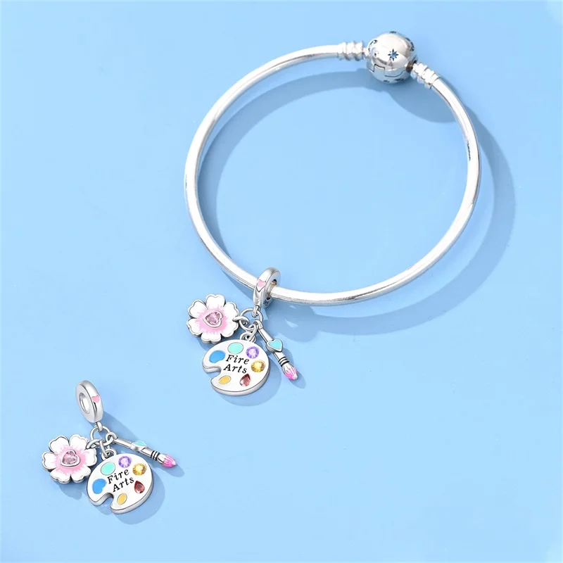 2026 New 925 Sterling Silver Summer Flower Painting Board Charms Bead Fit Original Bracelet DIY Women Travel Jewelry