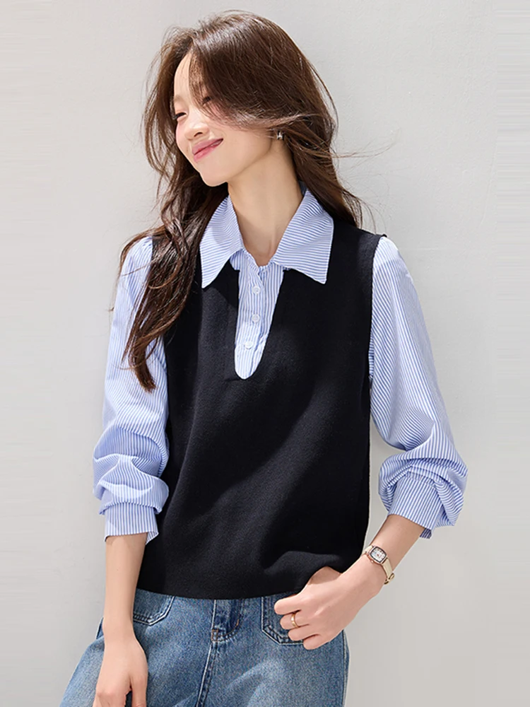 

Color Blo Striped Long Sve irt Women's Collar Stand up Top Ci Walk Korean Sle Straight Cut Autumn Winter New Arrival