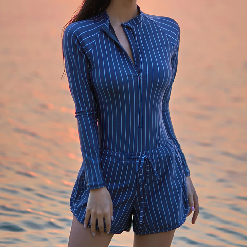 Sports Outdoor Swimming Women's Swimsuit Sets Long Sleeve Sunscreen Zipper Stripe Slim High Waist Female Swimwear Beach Trendy