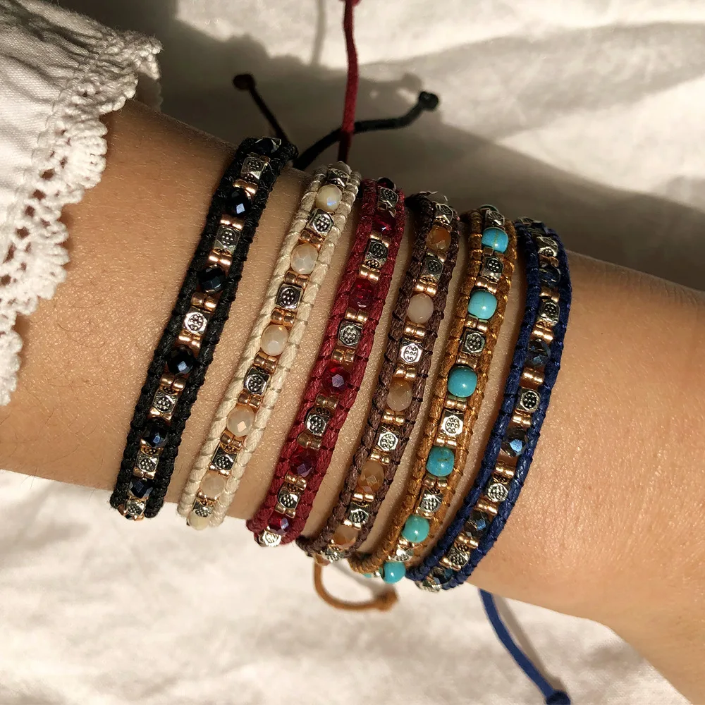 Colorful Narrow Wrap Double-Braided Rope Bracelet for Ethnic Vintage Style – Bohemian Woven Wristband with Beaded Accents