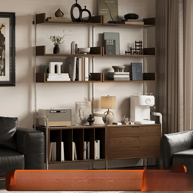 

Wall-facing solid wood shelves, open bookshelves, floor-to-ceiling display cabinets in the living room corner, nail-free Bauhaus