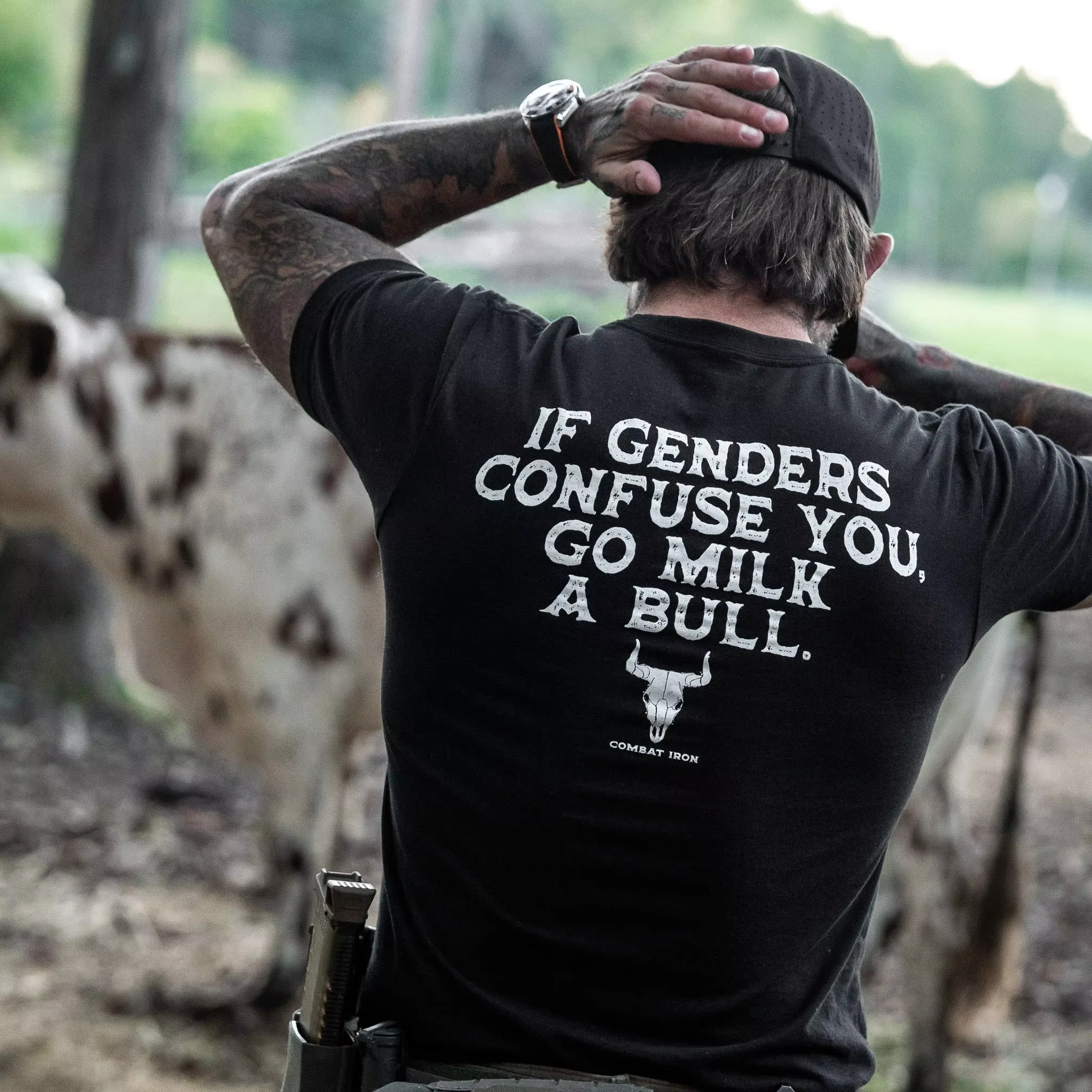 Unisex Graphic T Shirt Combat Iron Funny Western Slogan Longhorn Skull Double Side Print If Genders Confuse You Go