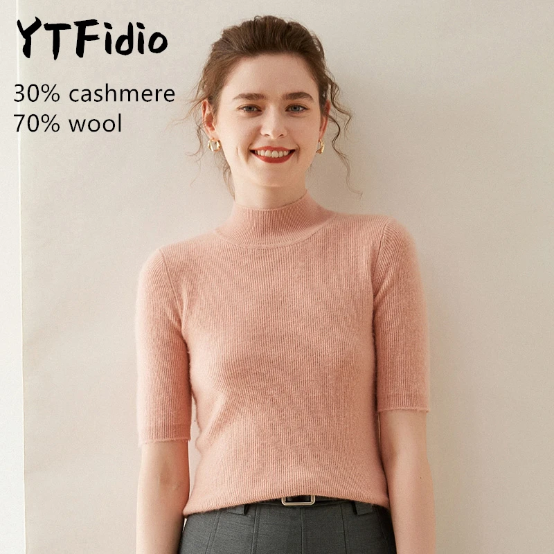 

YTFidio Cashmere Merino Wool Sweater Women Half Sleeve Half high collar Mock-neck Casual Jumper Solid Knitwear Pullover Tops 108