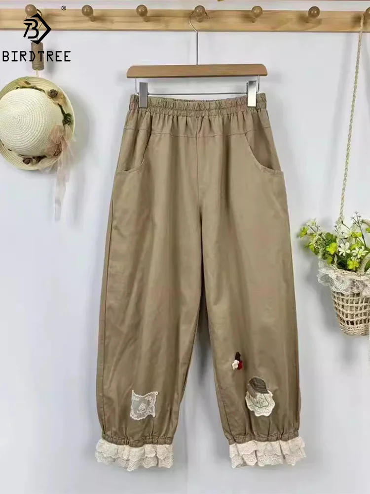 

Летние хлопковые милые шаровары в стиле ретро, женские кружевные брюки с эластичной талией и вышивкой, повседневные брюки Mori Girl, осень 2024, B47378QM