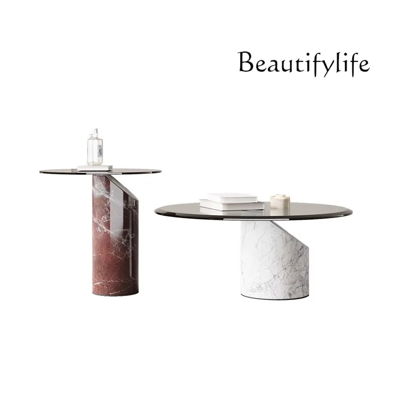 

Natural marble coffee table combination Italian round glass living room home modern simple small apartment