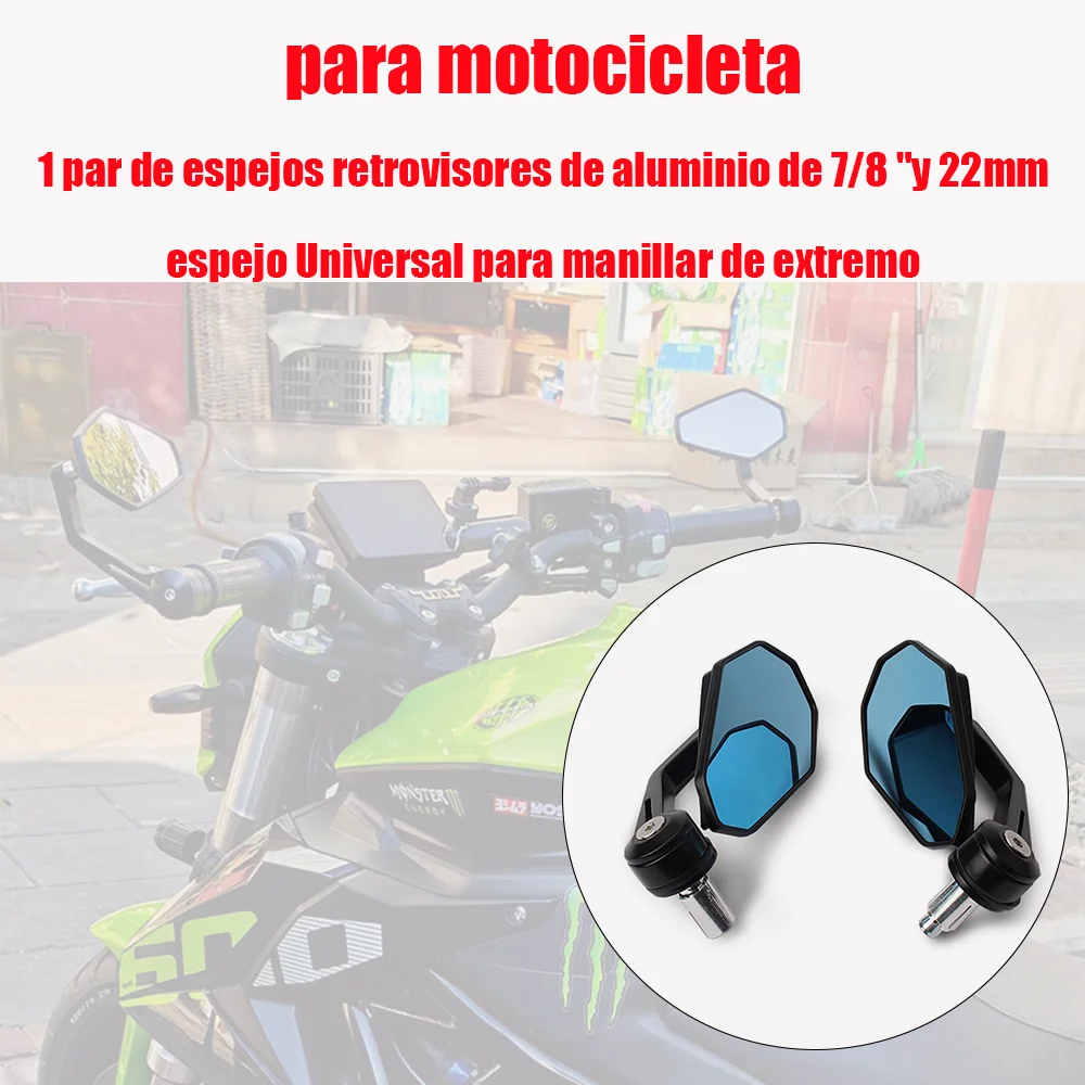 

1 par de espejos retrovisores de aluminio de 7/8 "y 22mm para motocicleta, espejo Universal para manillar de extremo de barra de