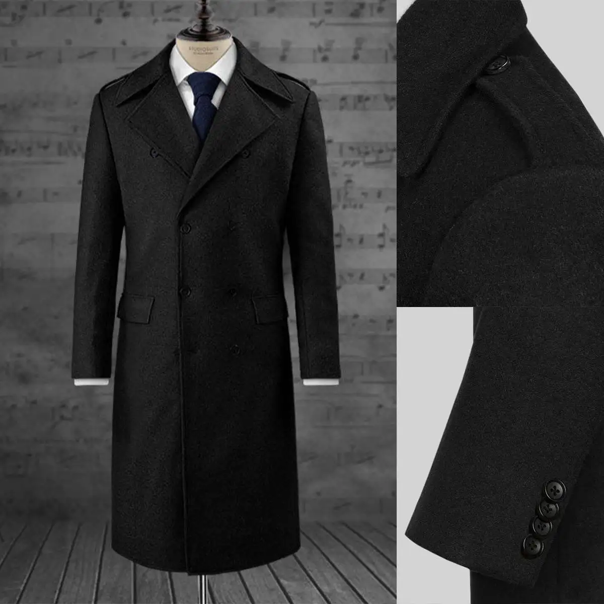 

Classic Black Men's Suit Jackets Tailored Tweed Woolen Blend Coat Double Breasted Overcoat Goom Wedding Tuxedos