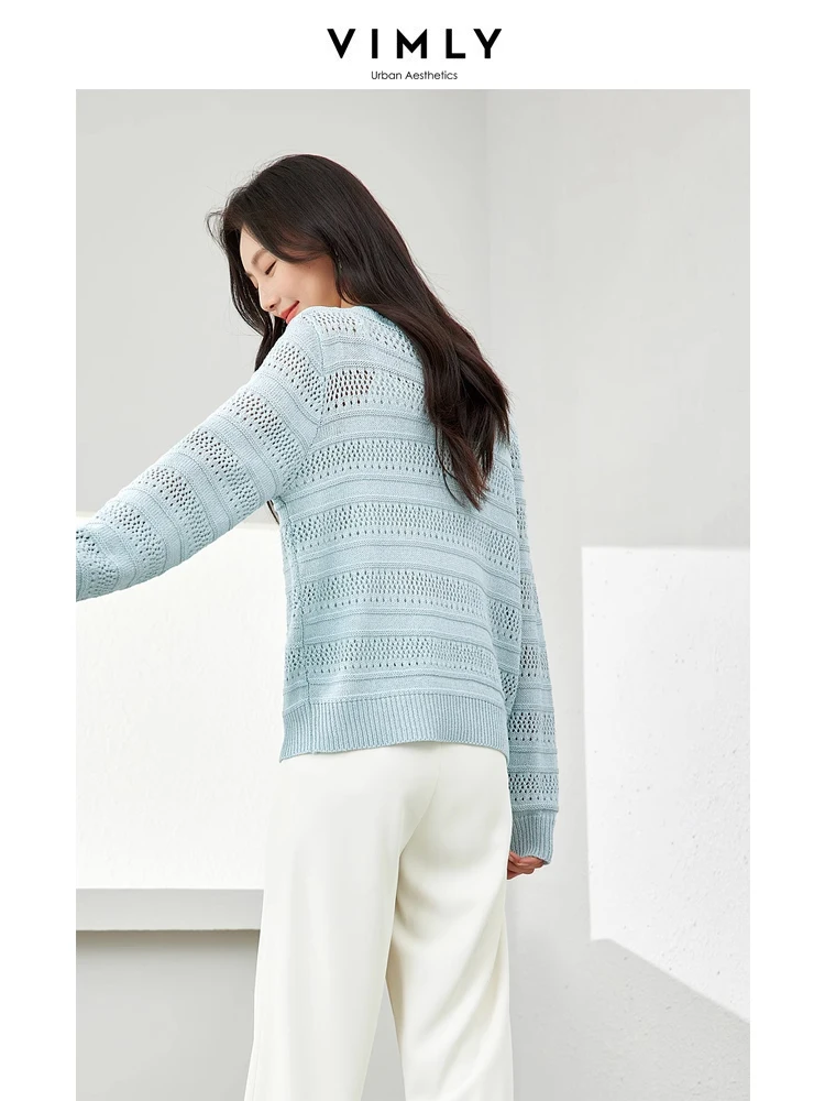 Vimly Light Blue Hollow Out Thin Long Sleeve Knit Top Spring O-neck Knitted Pullovers 2024 New Lazy Style Women's Clothing 72798