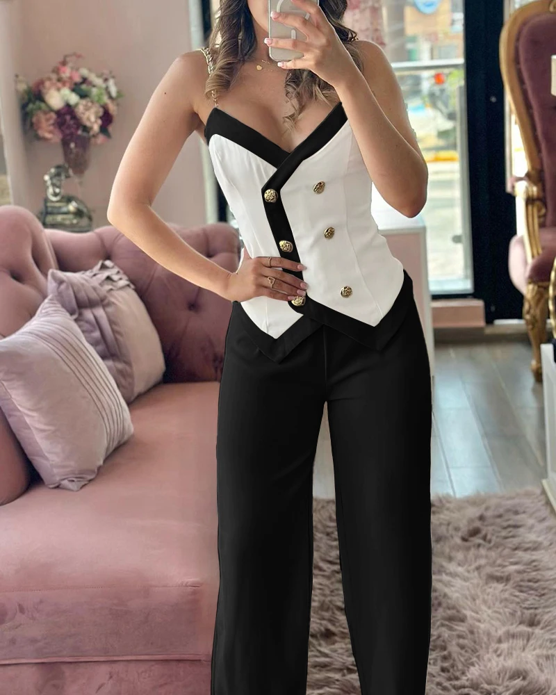 Two Piece Set Women Outfit Summer Fashion Double Breasted Chain Strap V-Neck Cami Top & Casual Daily Straight Leg Pants Set