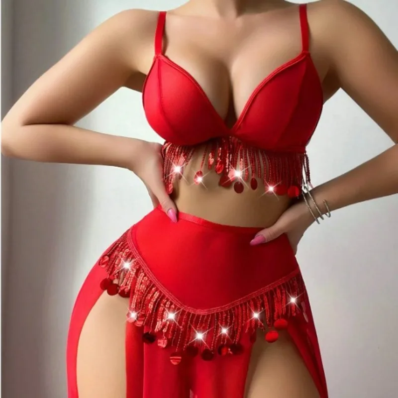 Sexy Lingеrie Sexy Mesh Slit Long Skirt Women's Split Three-point Erotic Lingerie Set Transparent Dance Skirt See Through Dress