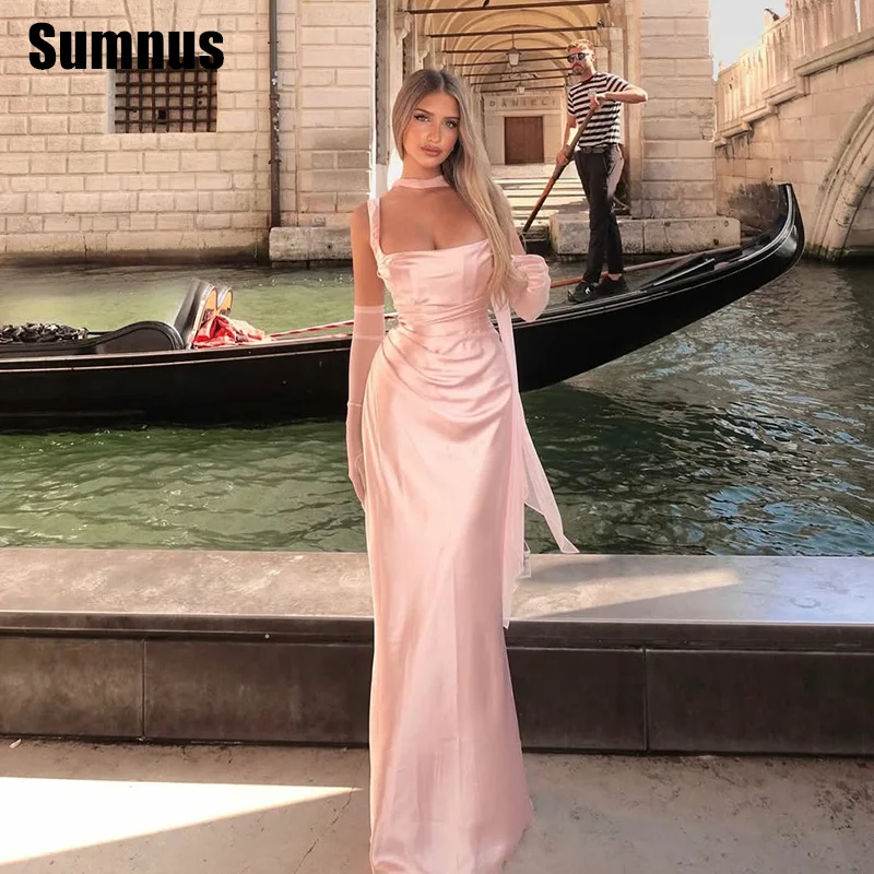 

Sumnus Simple Mermaid Prom Dress Square Collar Sleeveless Pleats Floor Length Gala Dresses فساتين سهرة Customized