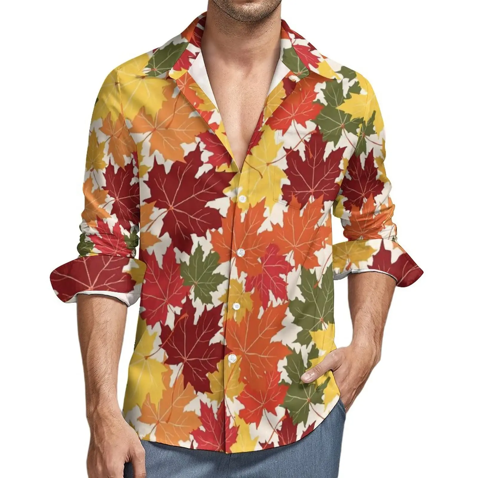 Men's shirt red maple leaf autumn long sleeve lapel shirt top shirt casual shirt Hawaiian shirt casual breathable simple fashion