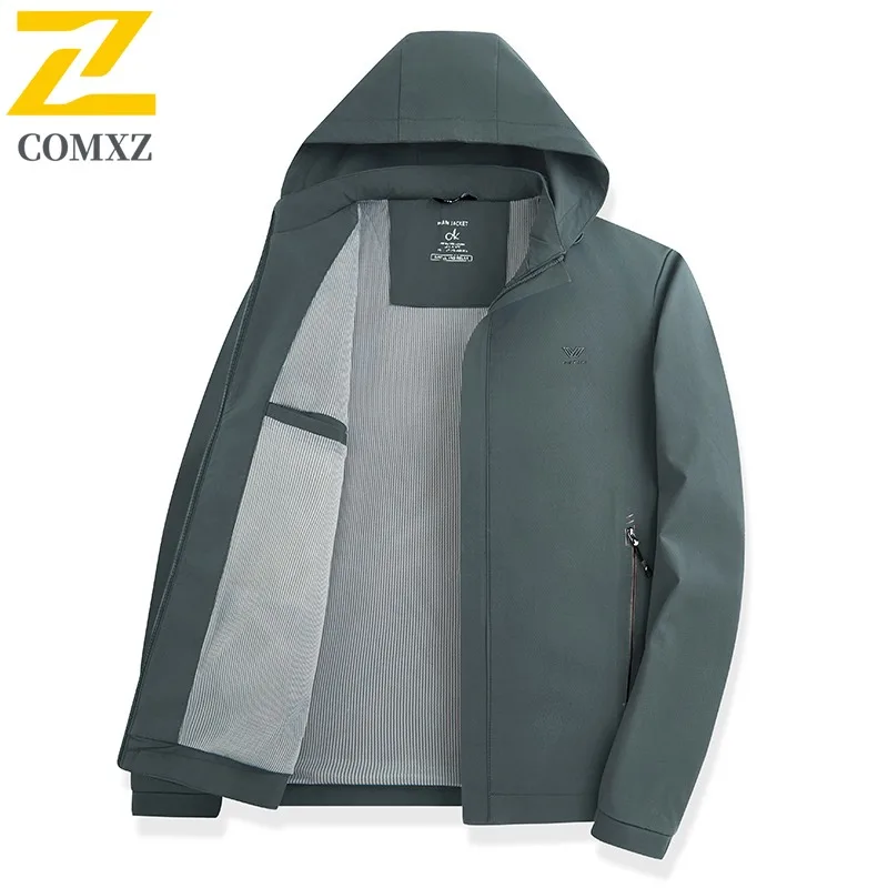 

Мужская куртка COMXZ 2025, роскошное офисное ветрозащитное пальто с капюшоном, однотонный дизайн, легкая осенняя одежда для путешествий