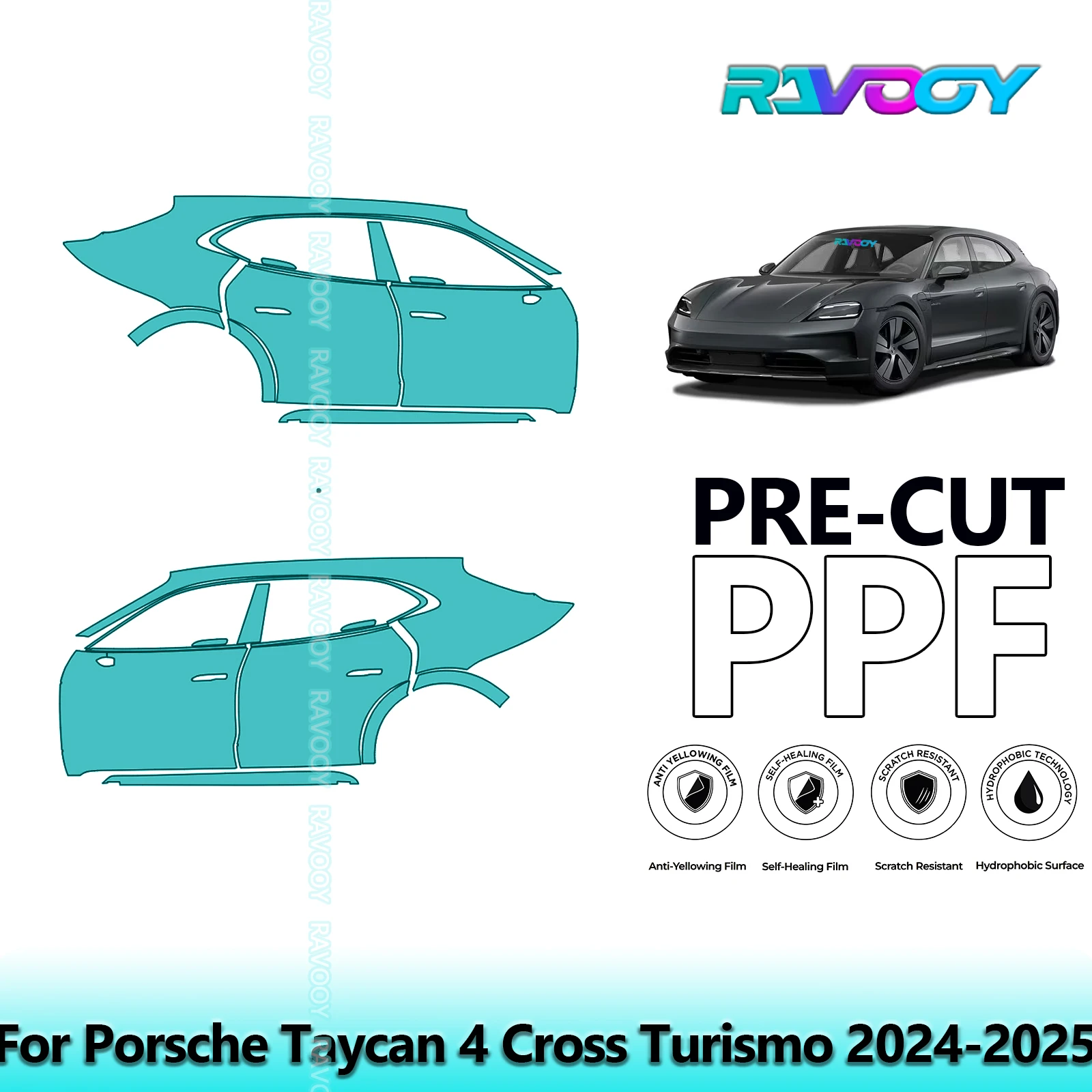 

For Porsche Taycan 4 Cross Turismo 2024-2025 8.5mil Clear Matte Pre-Cut PPF Door & A/B Pillar Kit TPU Paint Protection Film Set