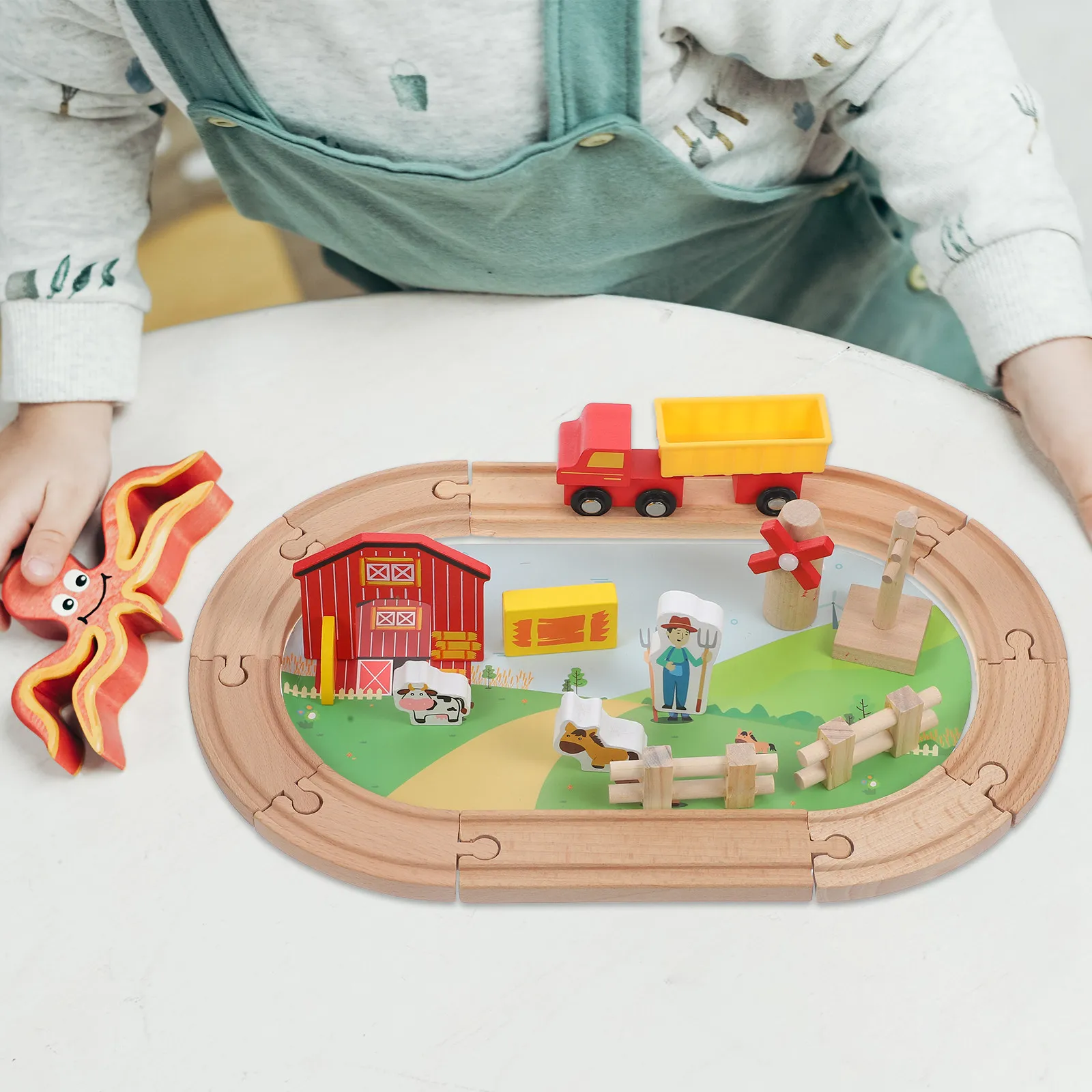 

1Set Wooden Farm Track Train Set Educational Kids Cognition Plaything for Toddlers Boys Girls Creative Hand-Eye Coordination