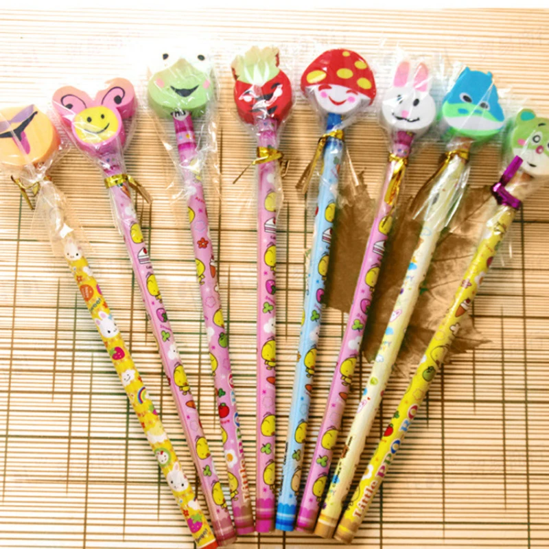 50PCS  Student Prize Creative Stationery Cute Cartoon Big Head Animal with Rubber Case Pencil