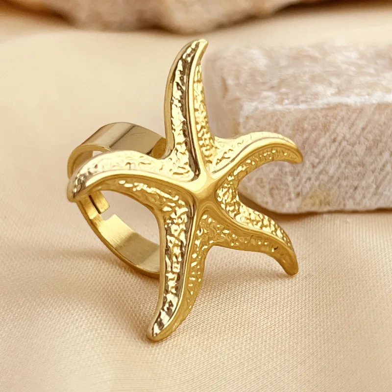 1pc Starfish Shaped Funny Stainless Steel Opening Ring 14K Gold Plated Funny Accessories Men and Women\'s Ring for Daily Wear