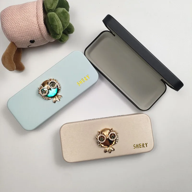 الماس البومة نمط المرأة المحمولة الصلب حافظة نظارات الصلب الجلود نظارات القراءة صندوق حامل مشهد B2