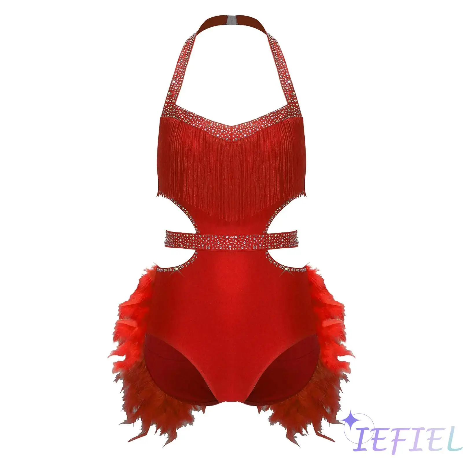

Womens Latin Rumba Samba Dance Bodysuit Faux Feather Accents Halter Backless Sleeveless Leotard Jumpsuit for Spanish Tango Dance