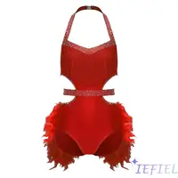 Body de baile latino Rumba Samba para mujer, mono de leotardo sin mangas con detalles de plumas de imitación y espalda descubierta para baile de Tango español