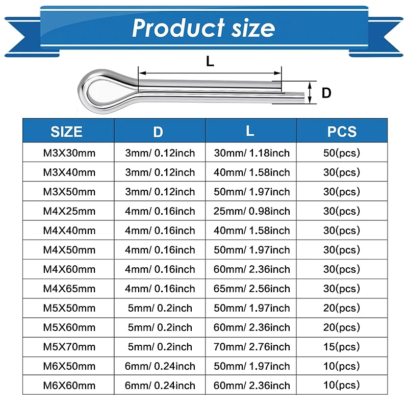 10-50pcs, 13 Size Available Stainless Steel Cotter Pin, Rustproof Lock Pin for Trailer Hitch, Axle, Automotive view 2