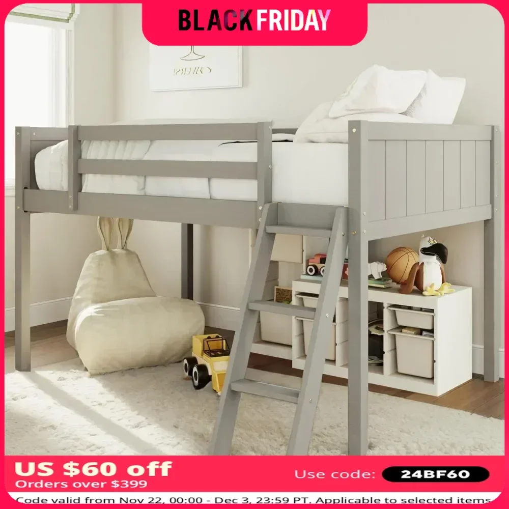 Wood Low Loft Bed with Ladder,Wooden Low Loft Bed with Guardrail for Kids or Teens,Space Saving,No Box Spring Needed,Twin Size