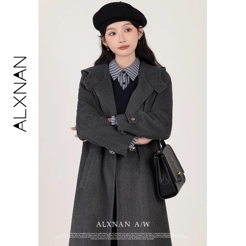 

ALXNAN Women's Winter Wool Coat Grey Warm Preppy Style Long Hooded Overcoat Elegant Fall Metal Heart Buttons Outerwear LXN32873