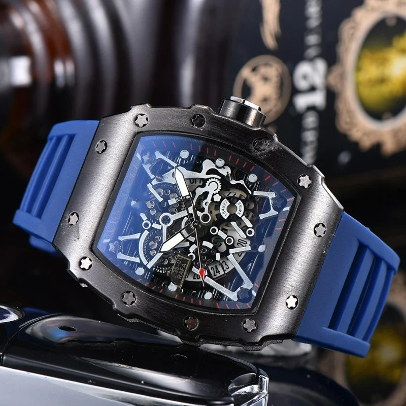 Fashion Tonneau Watch Men Quartz Wristwatch Creative Gear Dial Alloy Case Military Sports Relogio Masculine Silicone Strap Clock