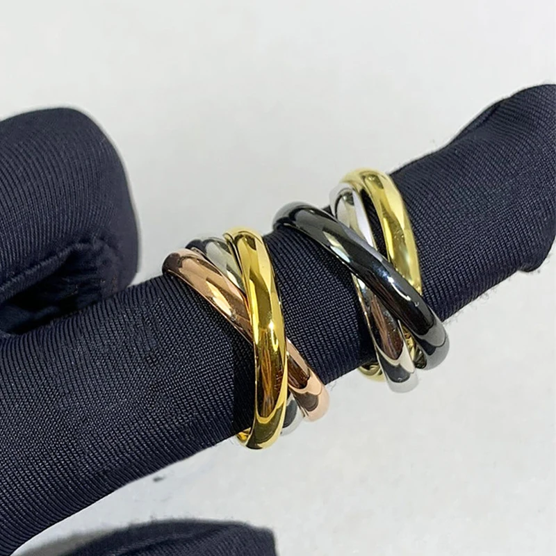 Top Quality 3 Circles Lock Style Tricolor Ring 3 Gold Color Stainless Steel Trinity Ring For Women Fashion Brand Jewelry