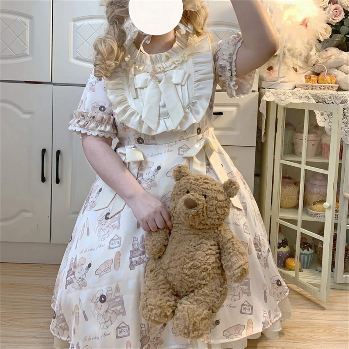 Robe Lolita OP Kawari Cosplay pour filles, style doux japonais, mignon, ours imprimé, col JxButter, manches bulles, robe à volants