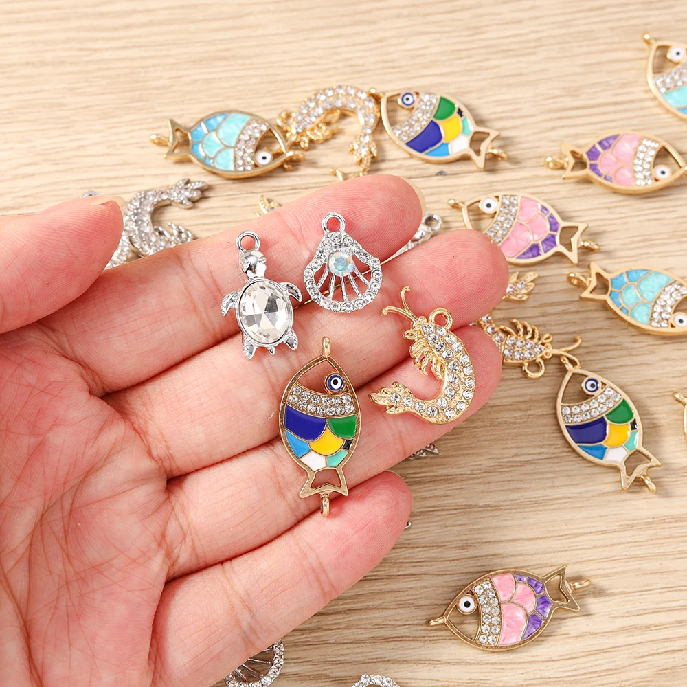 10 Stück niedliche, gemischte Kristall-Metall-Schildkröten- und Fischschalen-Anhänger für die Schmuckherstellung, Ohrhänger, Halsketten, DIY-Bastelarbeiten und Accessoires – Detail 2