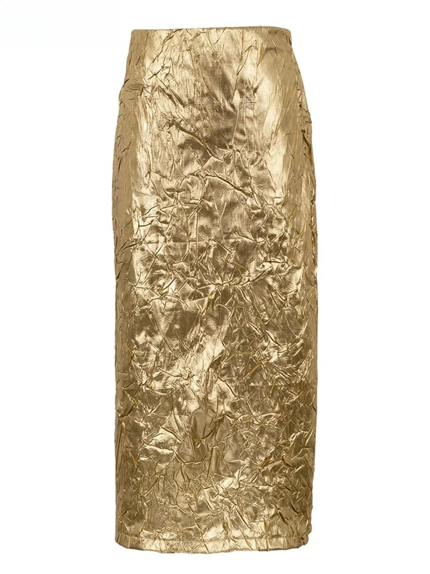 Fashion Slim Gold Women'S Skirt Elegant Chic High Waist Midi Skirts Streetwear Vintage Faldas Skirt Female Clothing