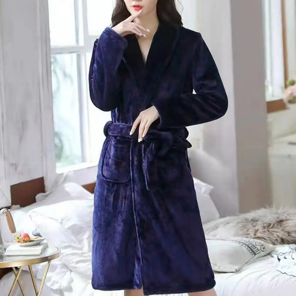 Men Women Plush Fleece Bath Robe Knee-Length Lapel Tie Design Water Absorbent Winter Loungewear Daily Wear Sleepwear