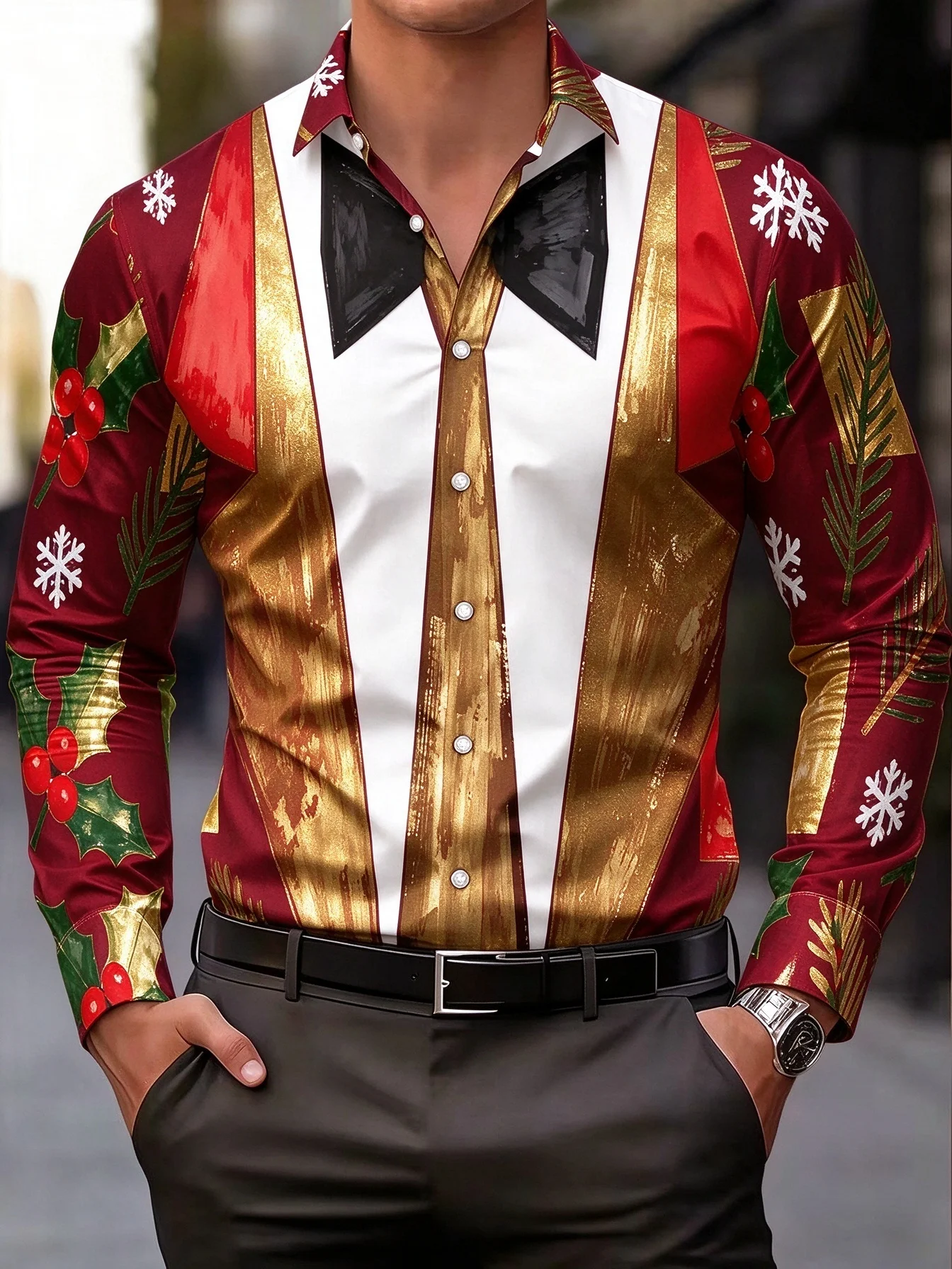 New men's shirt, fake formal black tie, gold foil vertical stripes, holly snowflake print, slim fit party shirt