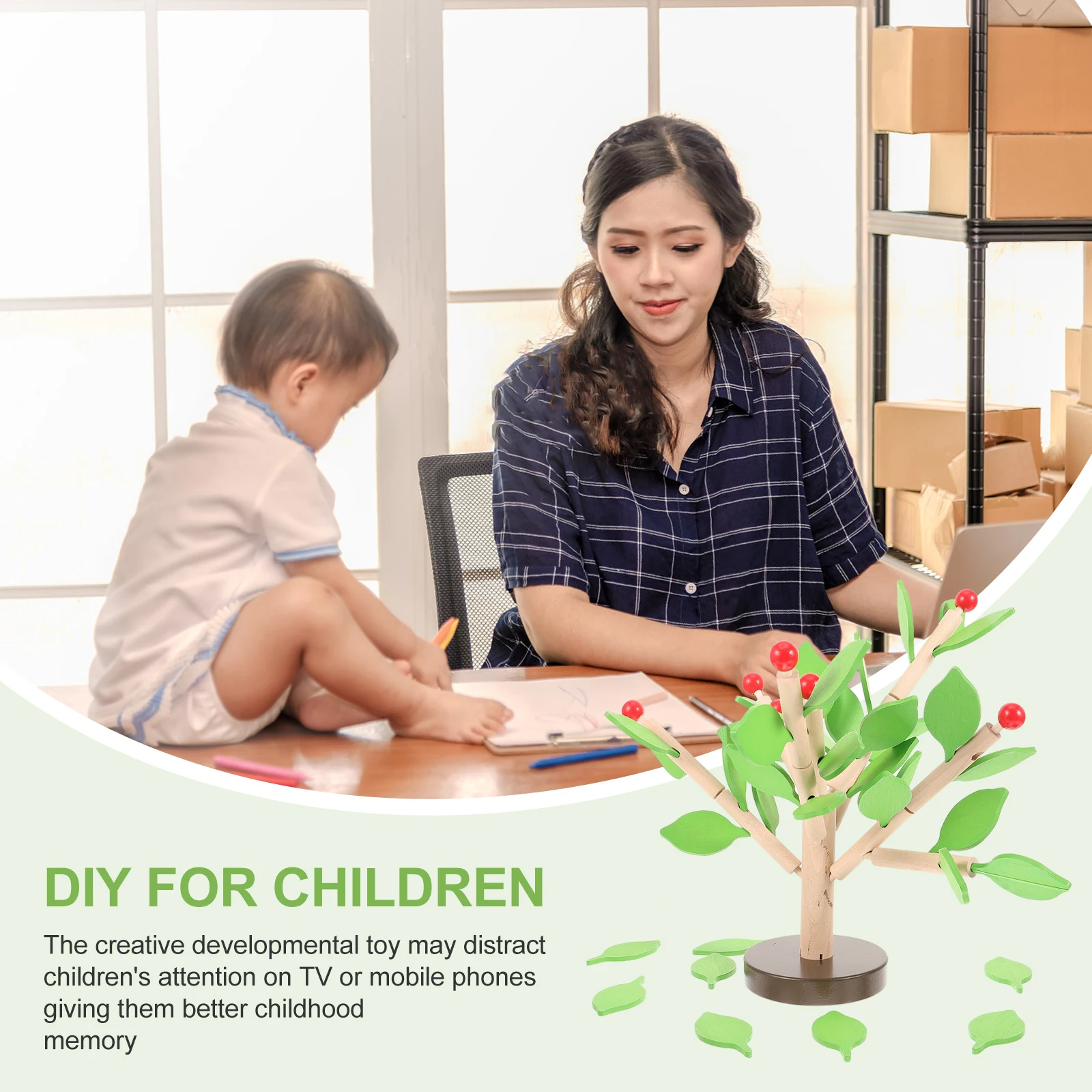 

1 Set Creative Wooden with Leaves Lifelike 3D Building Set DIY Handcraft Toy Early Educational Toy (Green)