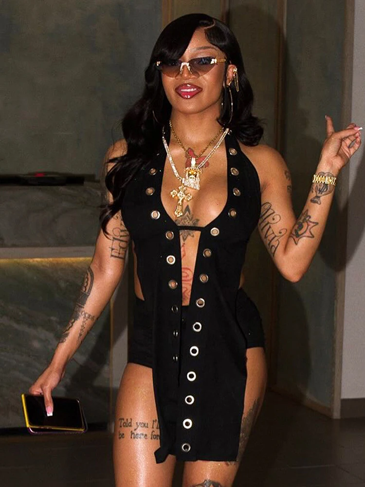 

Weird Puss Sexy Women Halter Tank Tops Hollow Metal Hole Backless Lace-Up Sleeveless Wild Skinny Midnight Coquett Hottie Vest