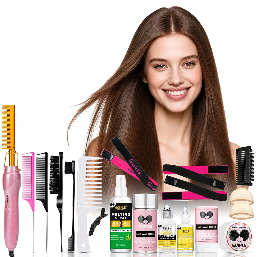 GOIPLE Electric Hot Comb Set, 3 Heat Settings Gold Heated Press Comb in Champagne Pink with Edge Styling and Wig Accessories