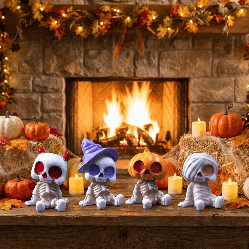 4pcs/set Resin Material Halloween Figurines Pumpkin Mummy Ghost Cute Design Skeleton Ornaments Lightweight Spooky