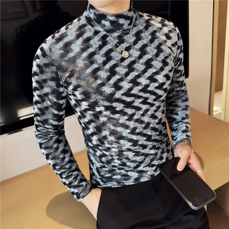 

2026 Spring Fashion Plaid Long Sleeved T-shirt Men's Velvet Slim Fit Half High Neck Elastic Base Shirt Casual Business Tee Tops