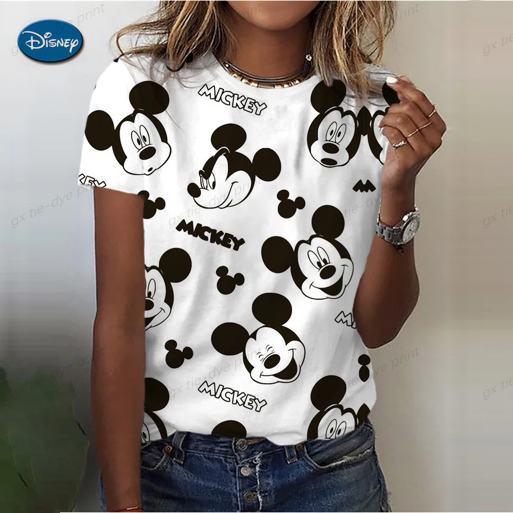 2024 Street Mickey Minnie Anime Women\'s Round Neck T-shirt Fashion Print Summer New Casual Harajuku Girls Tops Ins Style