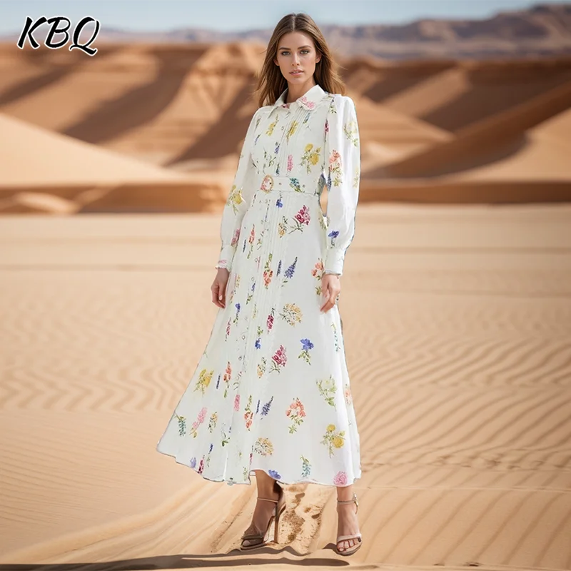 

KBQ Printing Elegant Slimming Dress For Women Lapel Long Sleeve High Waist Patchwork Belt Temperament Folds Dress Female Style