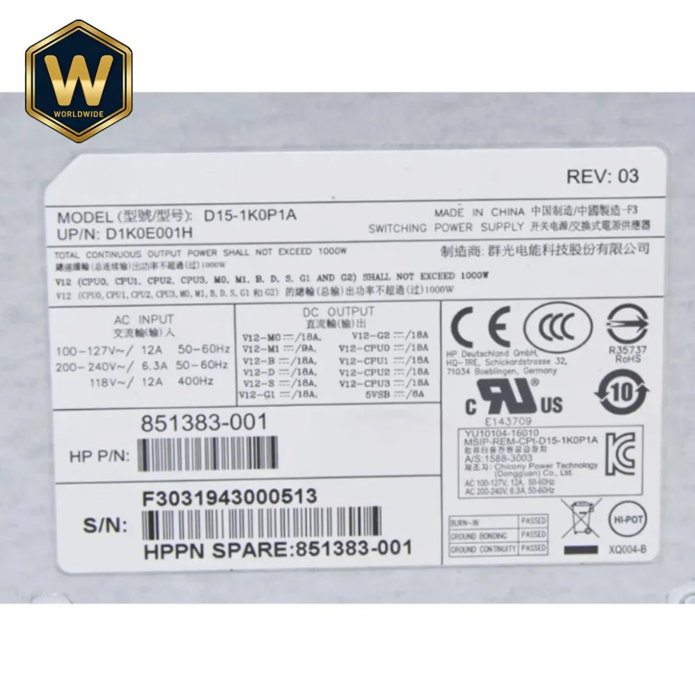 

SX New Original For HP Z4 Z6 G4 851383-001 D15-1K0P1A 1000W PSU Workstation Switching Power Supply D1K0E001H