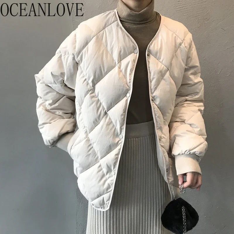 

OCEANLOVE осенне-зимние куртки Женские однотонные корейские модные шикарные винтажные парки Пальто однобортные теплые свободные верхняя одежда