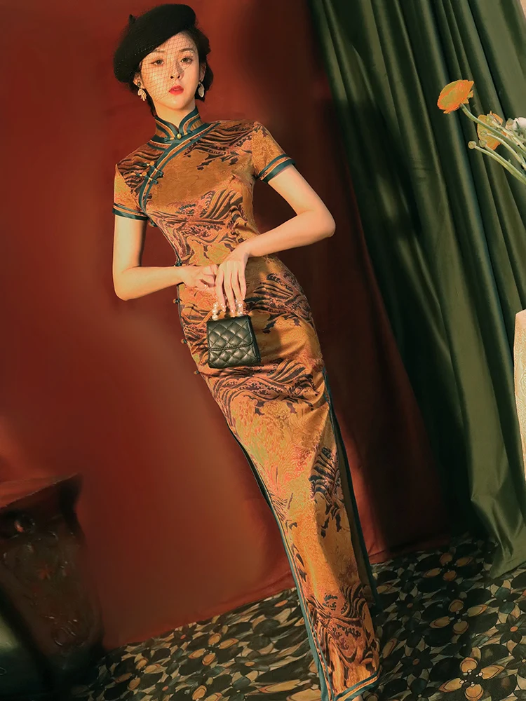 

Желтое длинное ципао для молодых женщин: новое летнее женское ципао класса люкс с улучшенным дизайном, цветочным принтом и винтажным стилем