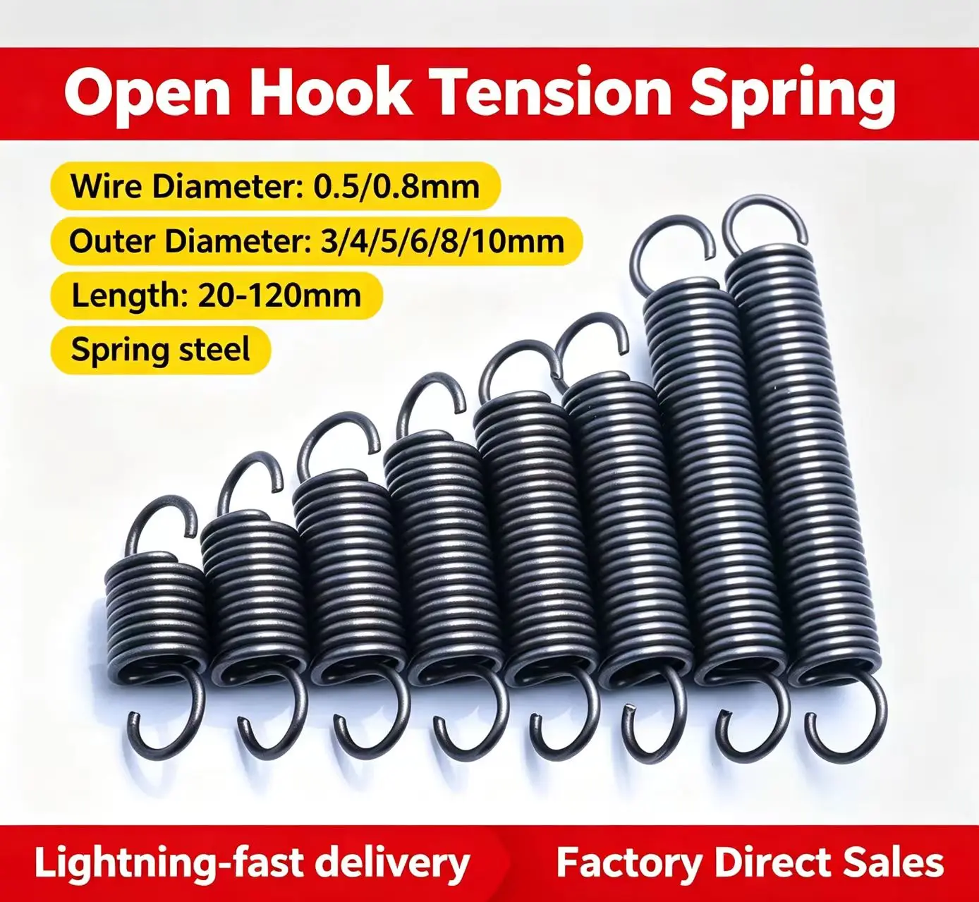 Open Hook Tension Spring 65Mn Spring Steel, Wire Diameter 0.5mm 0.8mm, OD 3/4/5/6/8/10mm Free Length 20-120mm,