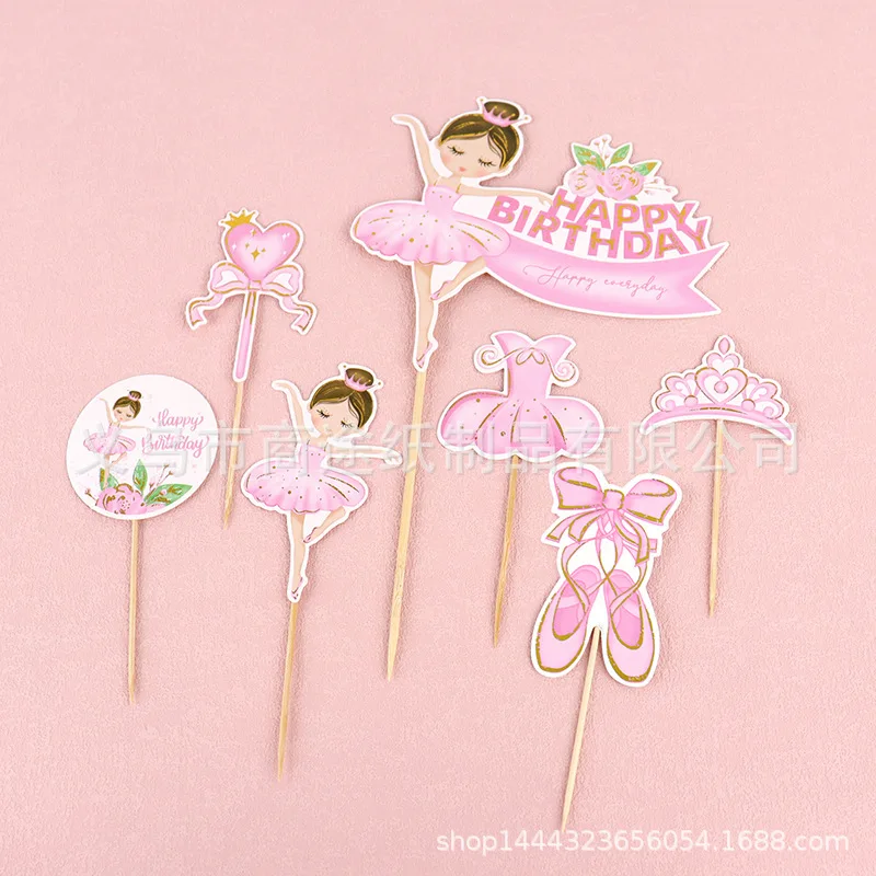 Pink Ballerina Girl Cake Topper Toppers Crown Dress Kids Happy Birthday Wedding Party Baby Shower Baking Cake Dessert DIY Decor